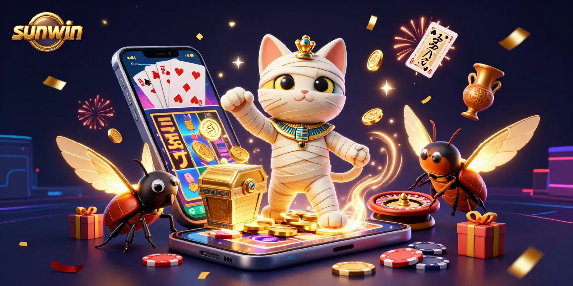 Experience the thrill of sunwin's vibrant casino with an energetic mummy cat and glowing scarab beetle.