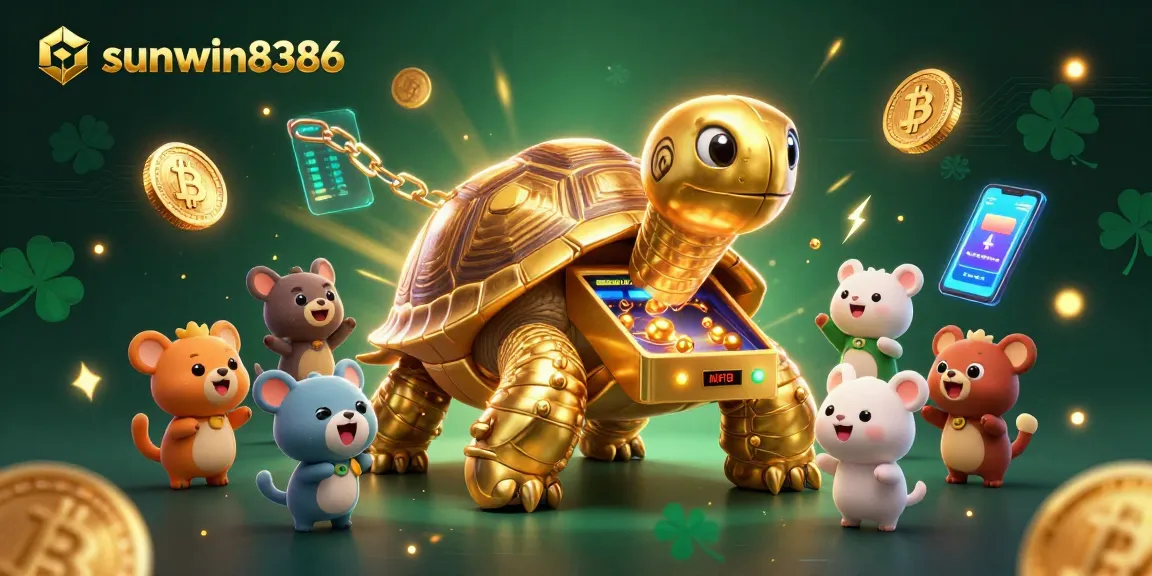 Join the fun at sunwin8386 as joyful animals play on a giant pinball machine surrounded by crypto coins.