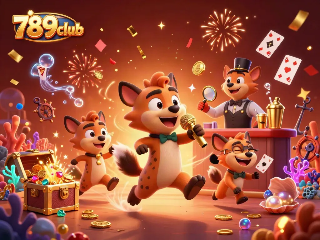 Engage with 789club in this vibrant casino scene, featuring jokester hyenas, gold coins, and dynamic gameplay.