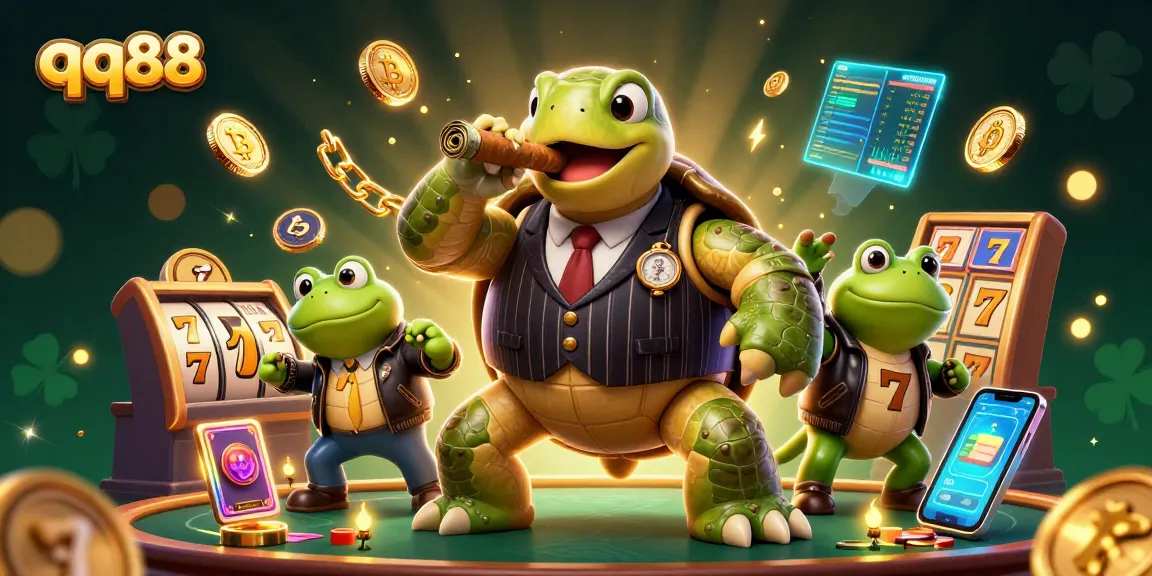 Engage with qq88 in a lively casino scene featuring a snapping turtle and bullfrogs among vibrant game elements.