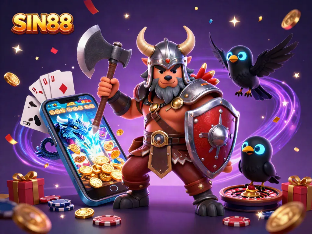 SIN88 unleashes exciting gaming adventures with 3D cartoon Viking warrior and dragon in a dynamic casino scene.