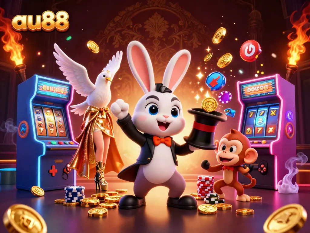 Experience the magic of au88 casino with a whimsical scene of a rabbit, dove, and monkey.
