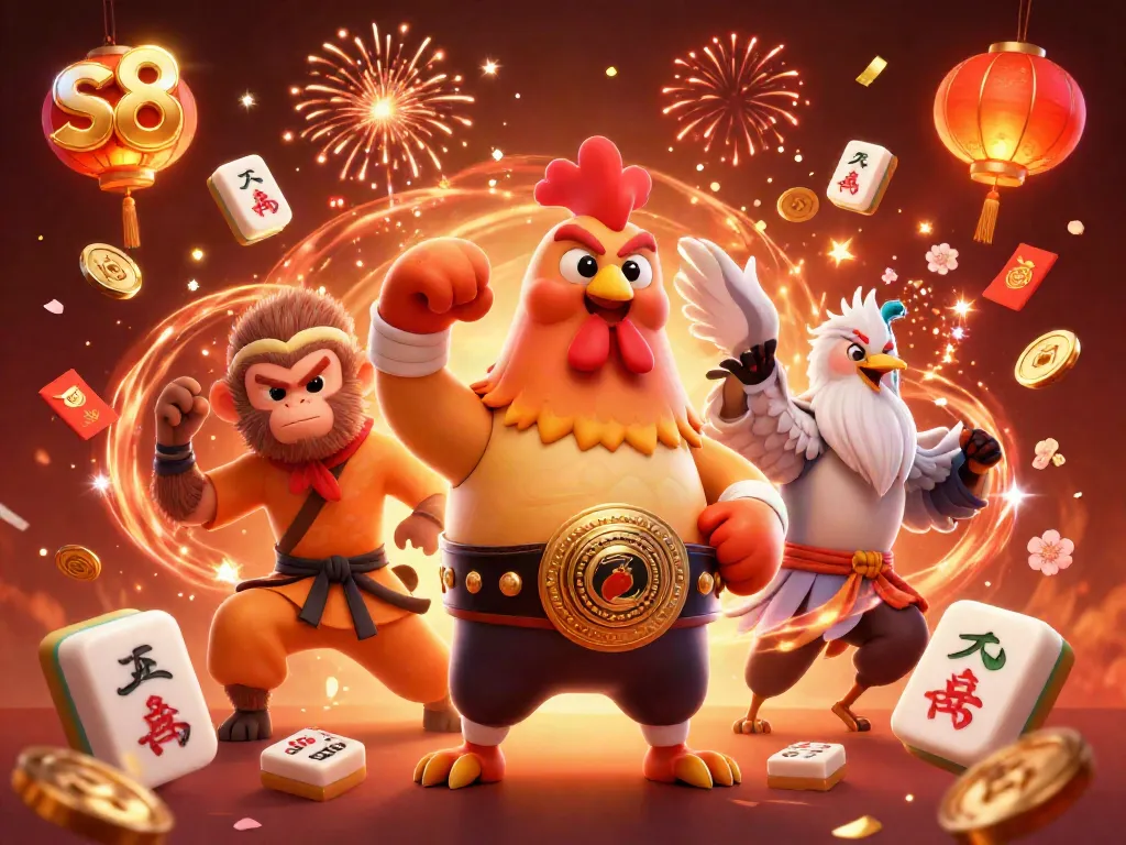 Experience the thrill of s8 with a fierce Muay Thai rooster, monkey martial artist, and wise crane in a vibrant casino-themed illustration.