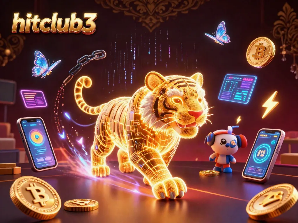 Experience hitclub3 with an energetic neon tiger in a digital casino filled with crypto elements and gaming excitement.