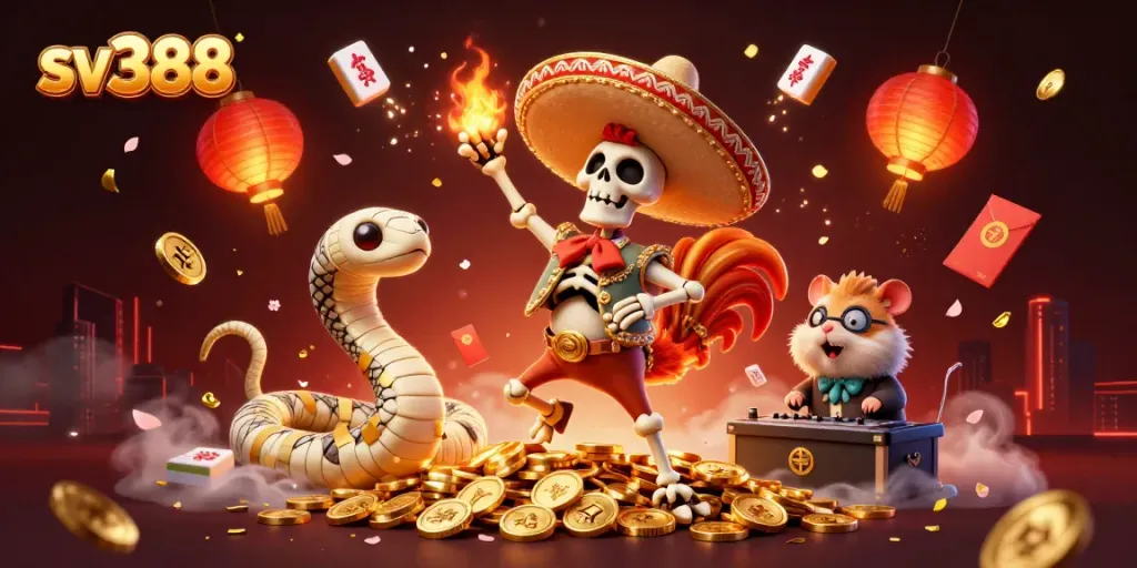Experience dynamic cockfighting excitement with sv388 featuring a lively rooster, mummy snake, and DJ hamster.