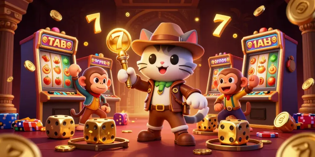 Engaging scene of a 3D cartoon explorer and companions depicting the Atlanta criminal law attorney exploring a casino artifact, surrounded by slot machines.