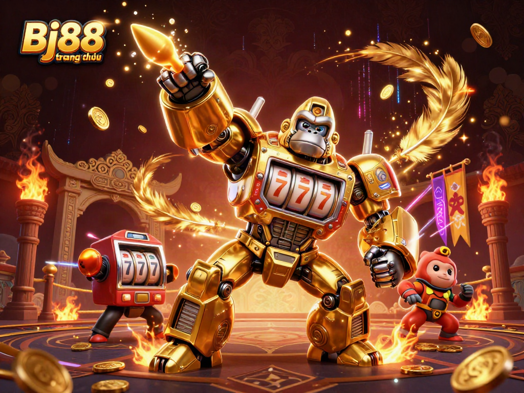 Bj88 trang chủ showcases an explosive 3D golden gorilla mech celebrating casino gaming victories