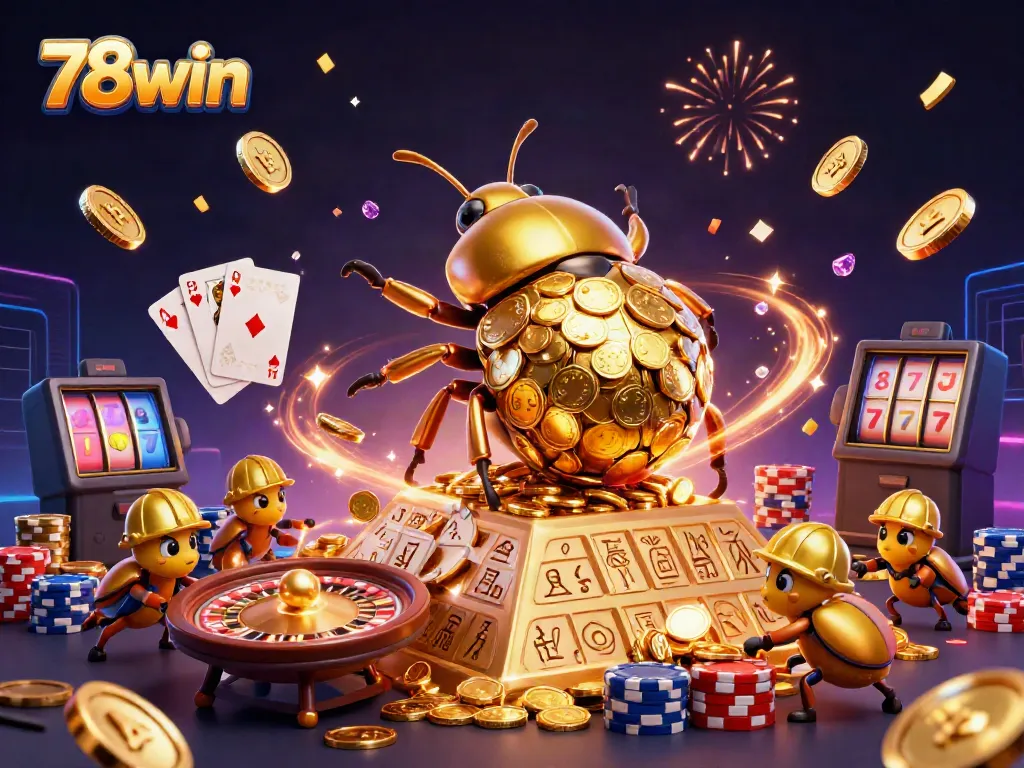 Engage with 78win as a golden dung beetle rolls coins on a pyramid in a vibrant casino setting.