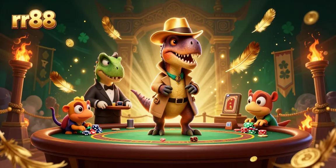 Experience thrilling gaming action at rr88 with vibrant, colorful characters in a dynamic casino illustration.
