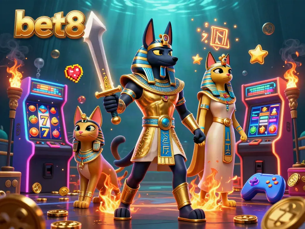 Experience exhilarating wins with bet88 in this vibrant 3D casino scene featuring Anubis and Bastet.