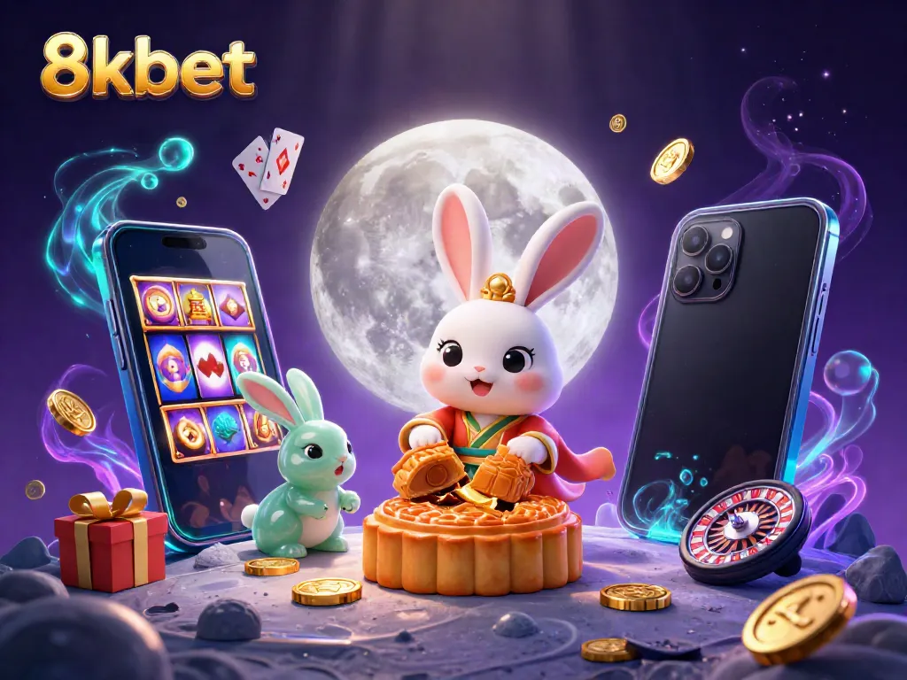 Experience the thrill of winning at 8kbet with a dazzling scene featuring a moon rabbit and casino elements.