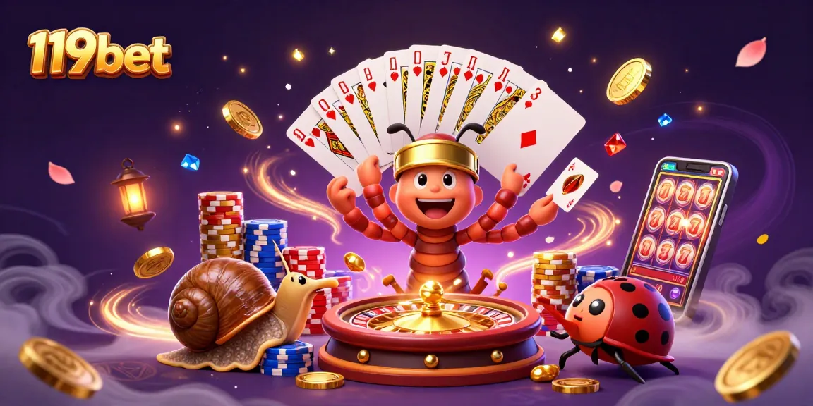 Engage with thrilling 119bet gaming featuring a cartoon millipede dealer and exciting casino elements.