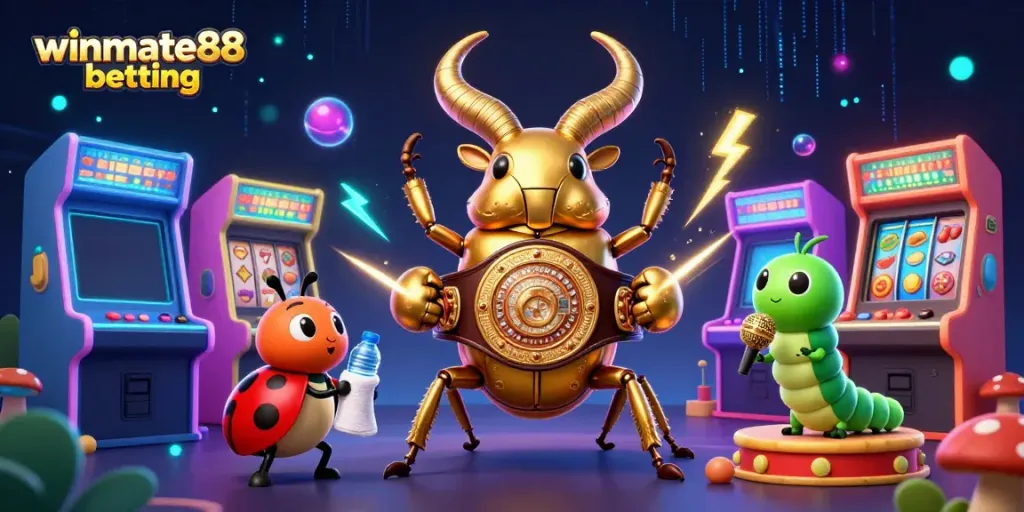 Experience winmate88 betting with vibrant gaming elements featuring a golden stag beetle as champion.