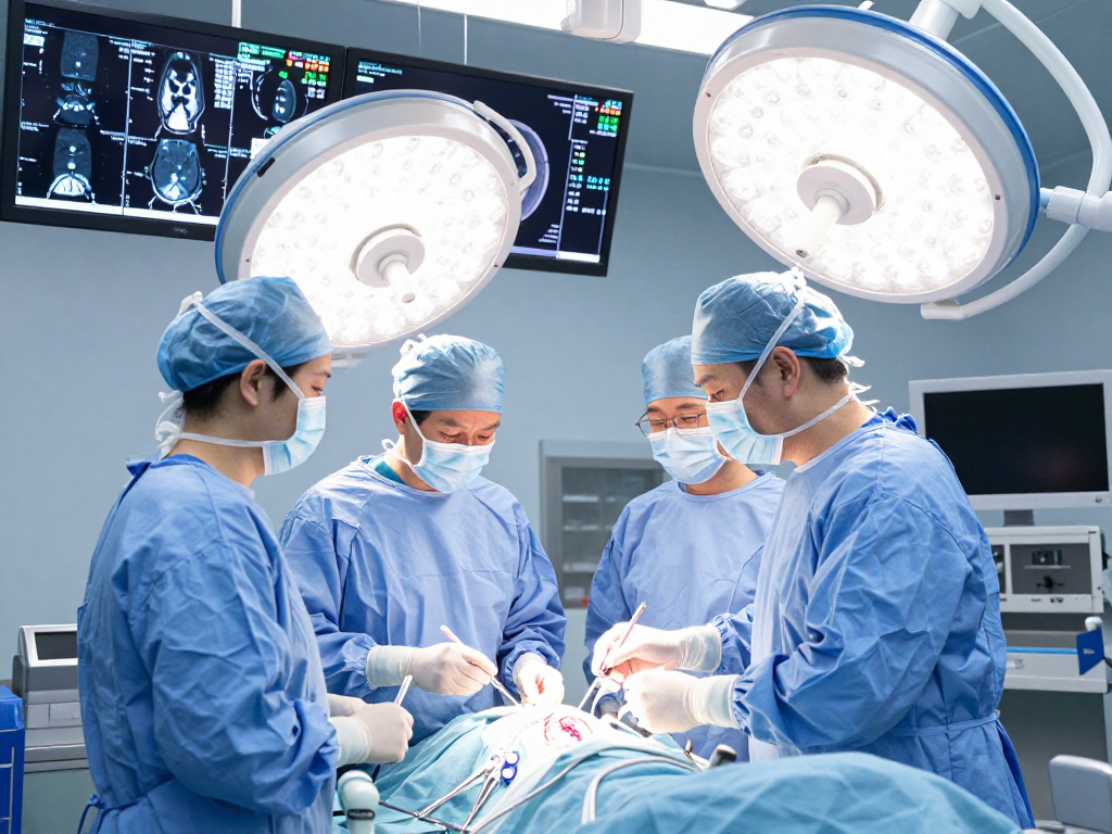 Brain tumor surgery specialist operating with a surgical team in a modern surgery room.