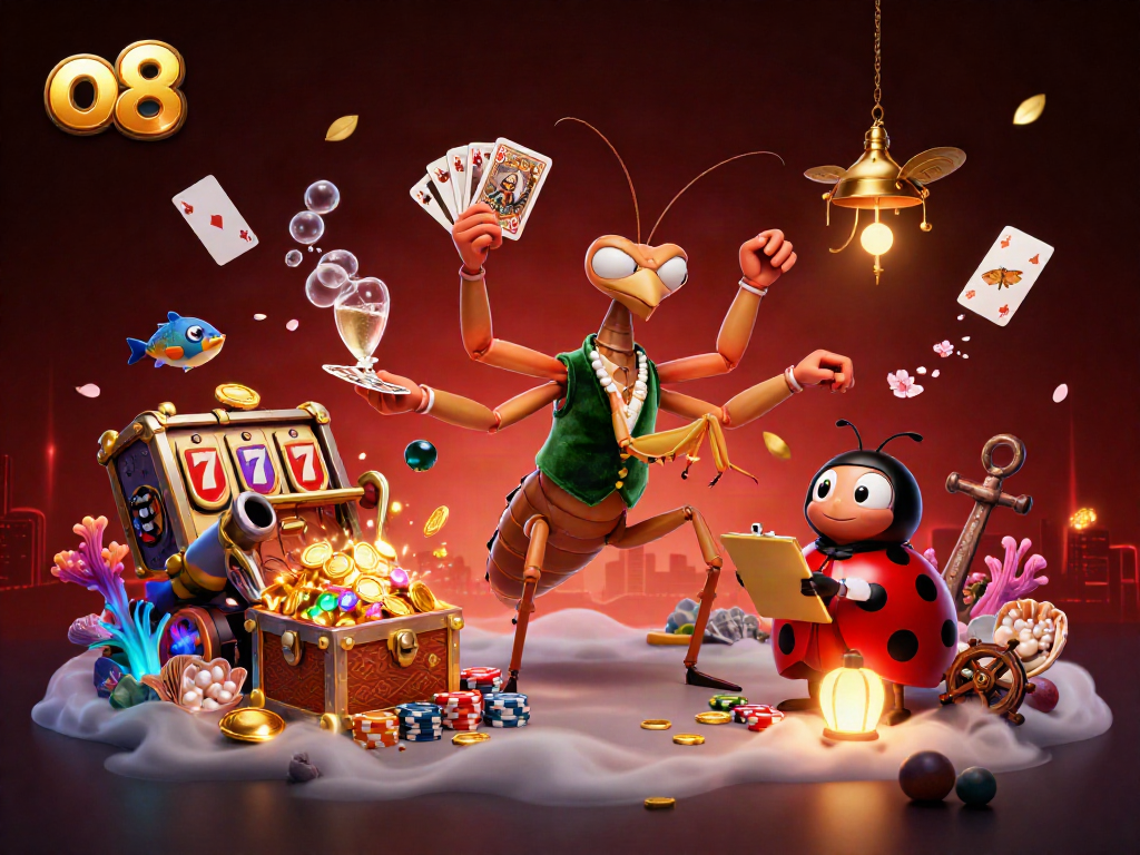 Engage with o8's vibrant casino atmosphere featuring a manicured mantis card sharp and ladybug pit boss.