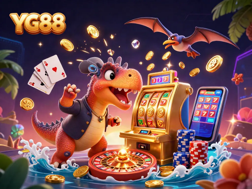 YG88 attracts excitement as a dinosaur headbutts a slot machine, unleashing golden coins.