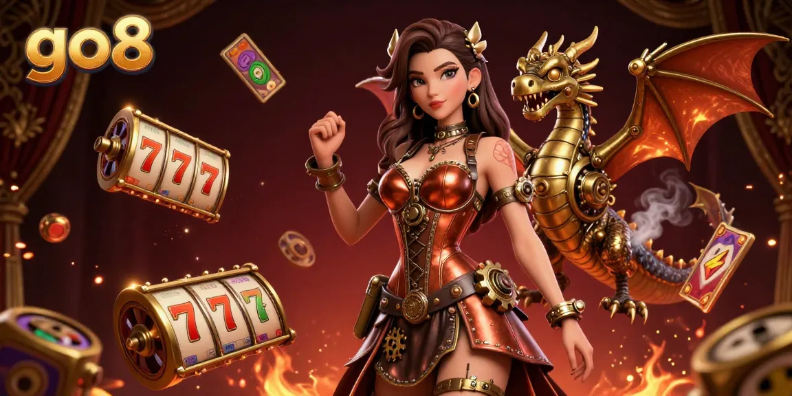 Experience thrilling gameplay at go8 with a stunning 3D dragon and slot games flying dynamically around a steampunk character.