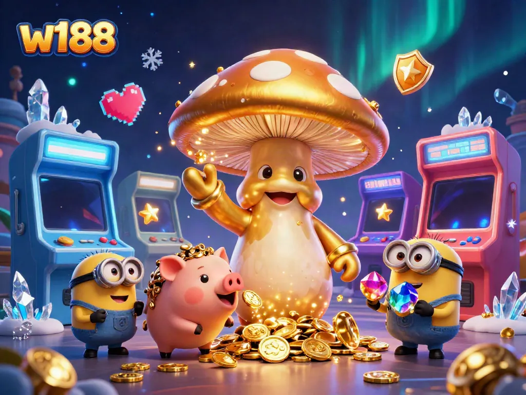 Experience w188's magical casino world with a golden mushroom wizard and minions among vibrant game elements.