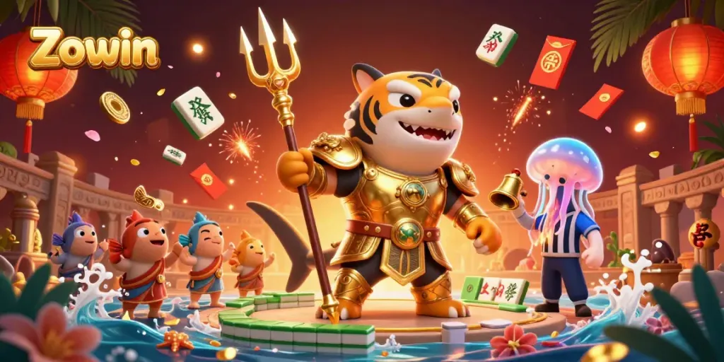 Experience the excitement of Zowin with an epic underwater colosseum scene featuring a gladiator shark and vibrant game elements.