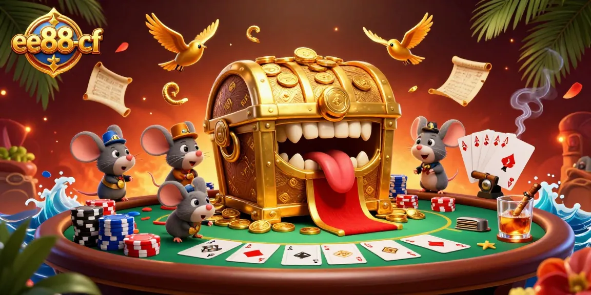 Engage with the thrill of gambling at ee88-cf featuring a golden treasure chest and poker elements.