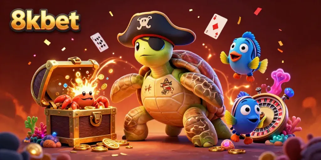 Engage with 8xbet's vibrant casino atmosphere through a lively underwater scene filled with treasures and characters.