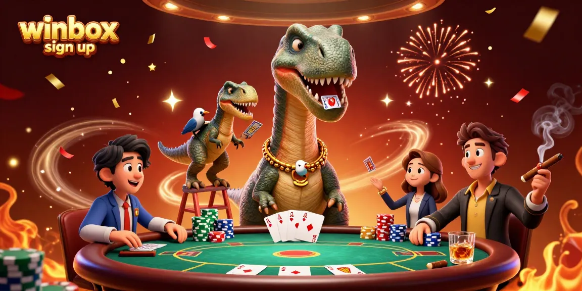 Join the excitement of winbox sign up at this vibrant casino illustration featuring playful dinosaurs and poker action.
