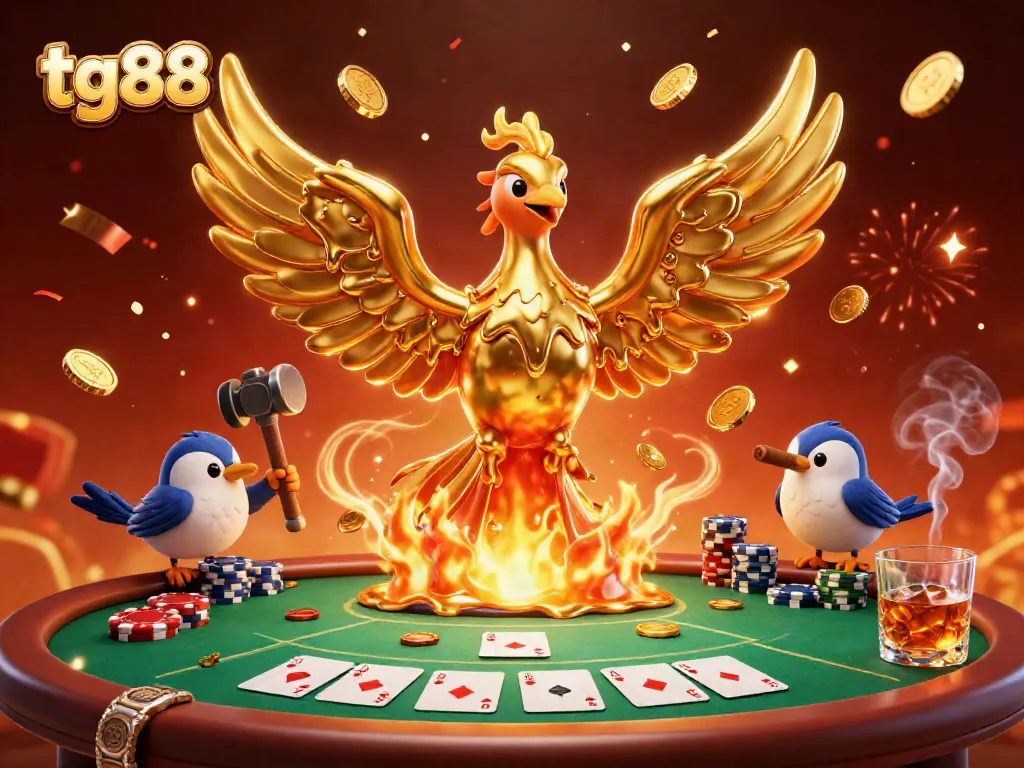 Engage with tg88, a vibrant 3D illustration of a molten golden phoenix and poker elements, celebrating victory.