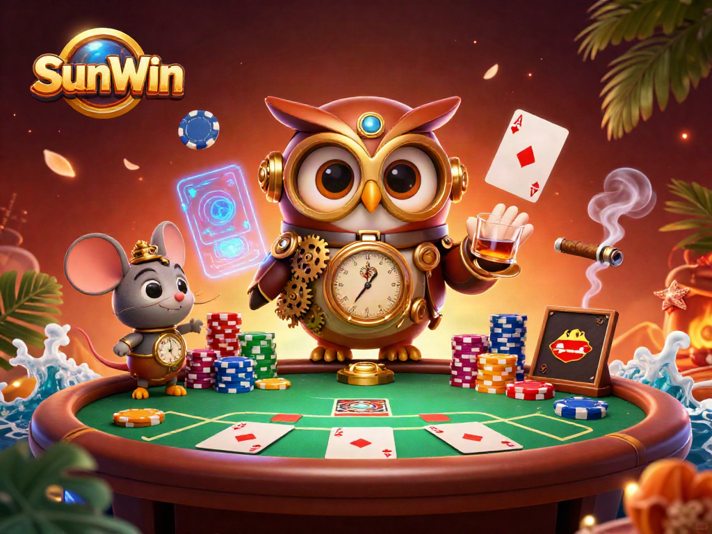 Engage with SunWin's exciting casino atmosphere featuring playful characters and vibrant gaming elements.