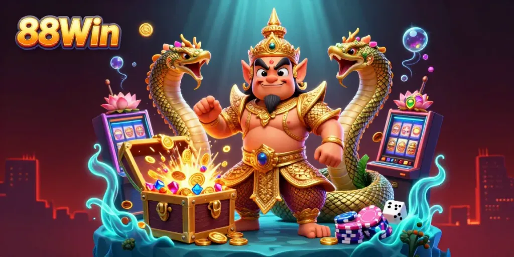 Engage with 88Win's thrilling casino experience featuring vibrant characters and exciting game elements.