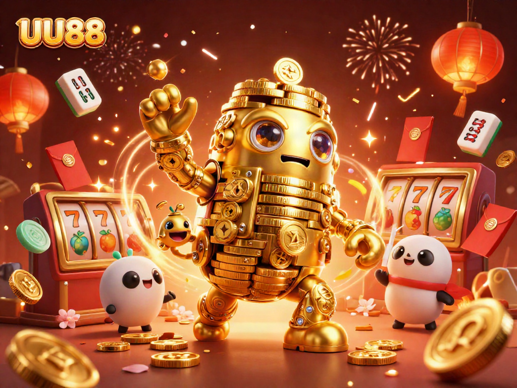 Experience the excitement of UU88 with a dynamic casino scene full of vibrant characters and rich symbols.