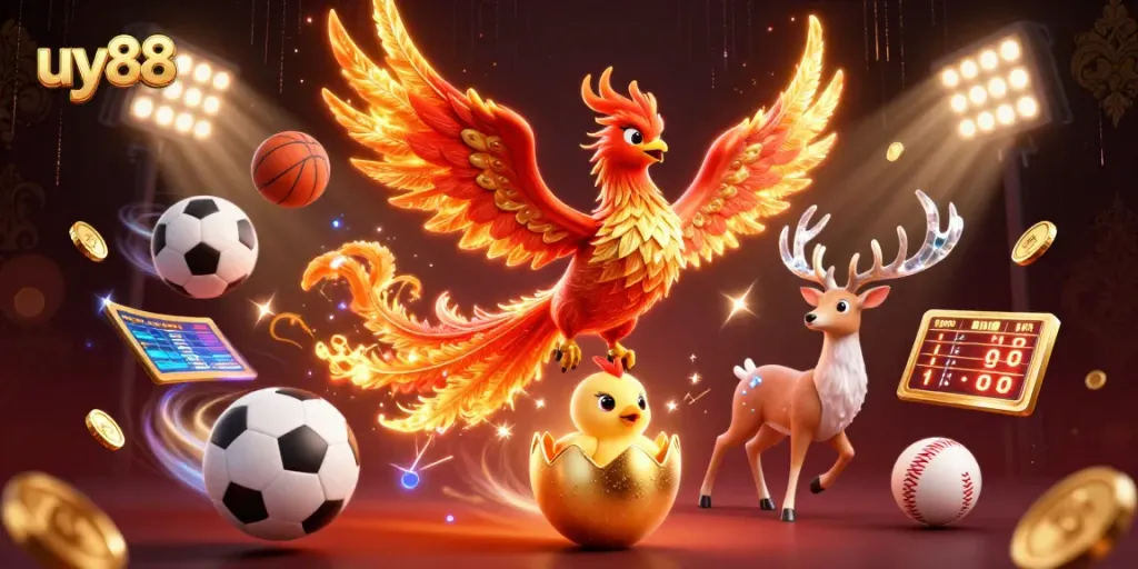 Engage with uy88's dynamic gaming scene featuring a fire phoenix and sports action elements.