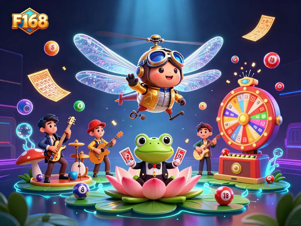 Experience thrilling gameplay with F168 as a dragonfly pilot and frog croupier entertain at a vibrant lily pad casino.