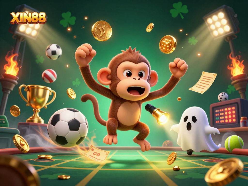 XIN88 players enjoy a vivid haunted casino scene with a poltergeist monkey and ghost-hunter puppy engaging in thrilling games.