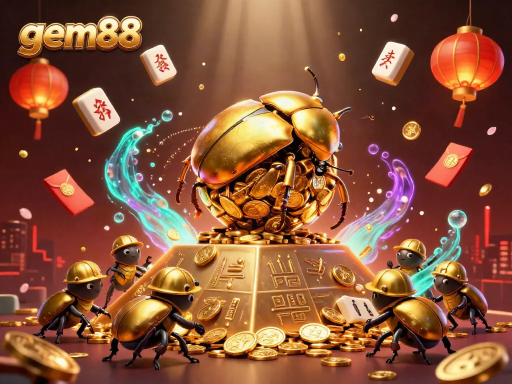 Join the excitement at gem88 as a golden beetle rolls casino treasures in a vibrant scene.