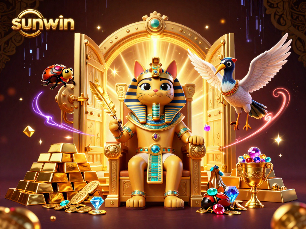 Join the action at sunwin with a vibrant illustration of an Egyptian pharaoh cat and dazzling treasures.