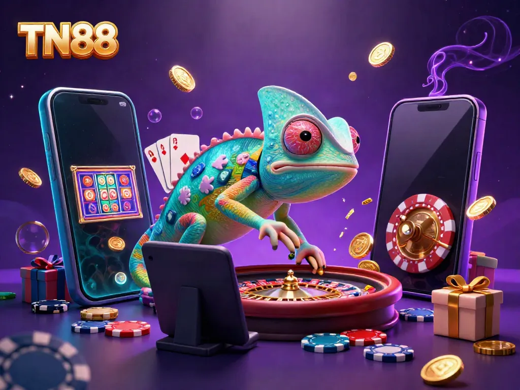 Experience excitement and wins with TN88’s vibrant online casino scene, featuring a colorful chameleon and dynamic gaming elements.