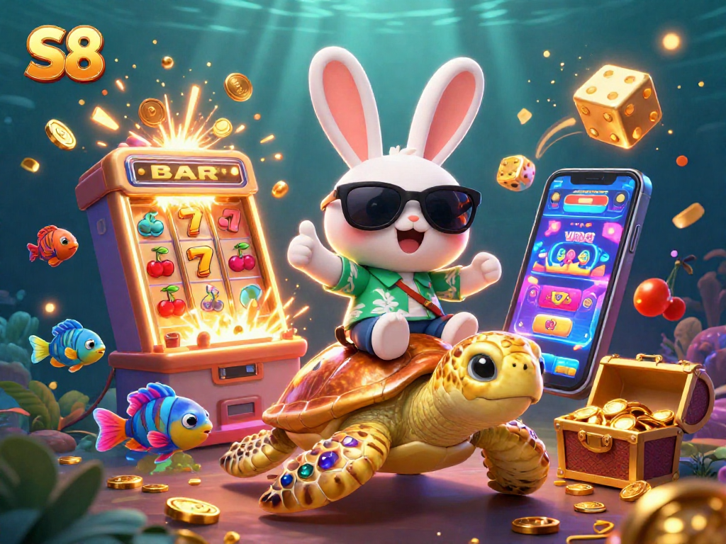 Experience the excitement of S8 with a lucky rabbit and a golden turtle amidst colorful casino elements.