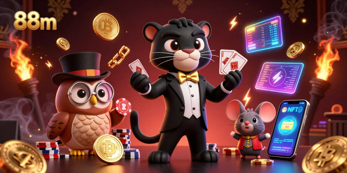 Engage with 88m card games featuring a panther dealer, an owl holding chips, and crypto coins galore.