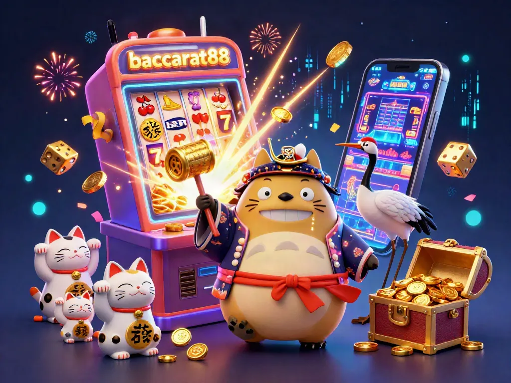 Baccarat88 brings luck with vibrant 3D tanuki, colorful cats, and a jackpot machine bursting coins.