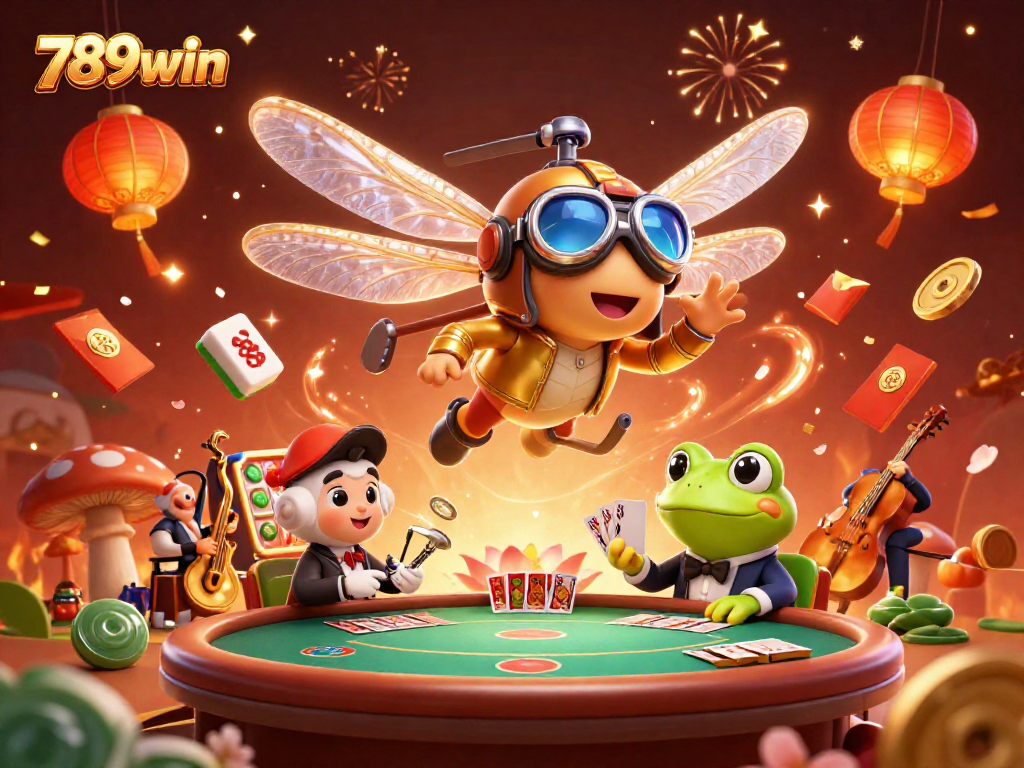 Experience thrilling gameplay with 789win in this vibrant casino illustration featuring a dragonfly pilot and card-dealing frog.
