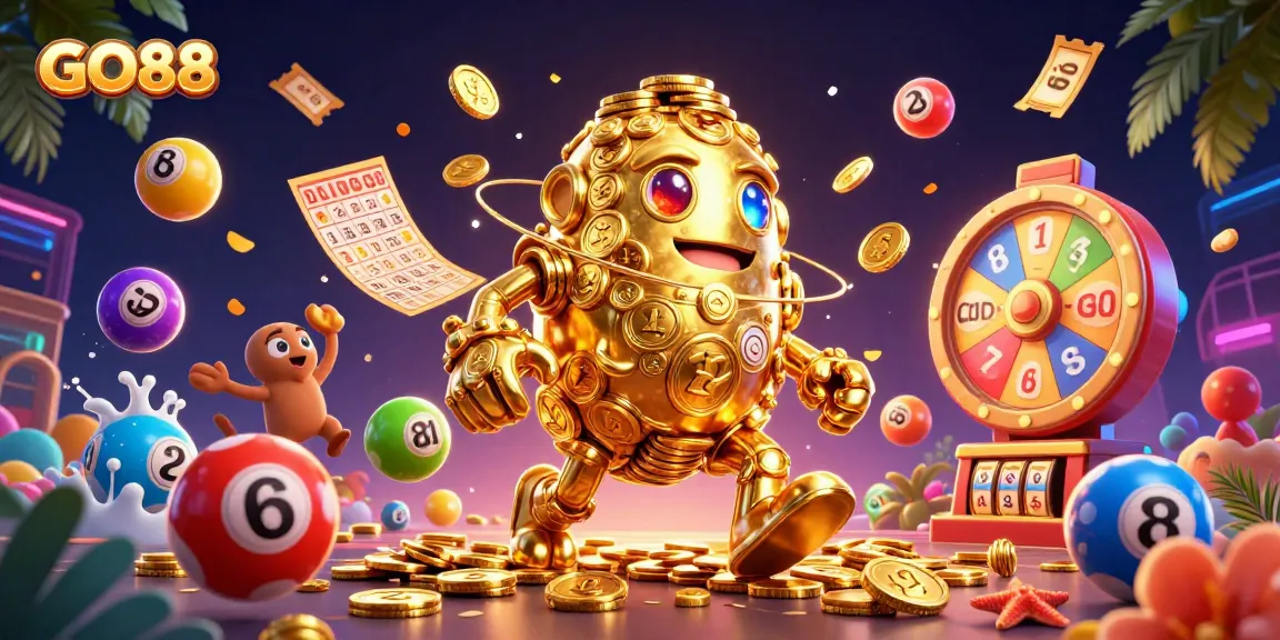 Spin to win big with GO88's vibrant gaming world featuring colorful lottery elements and golden characters.