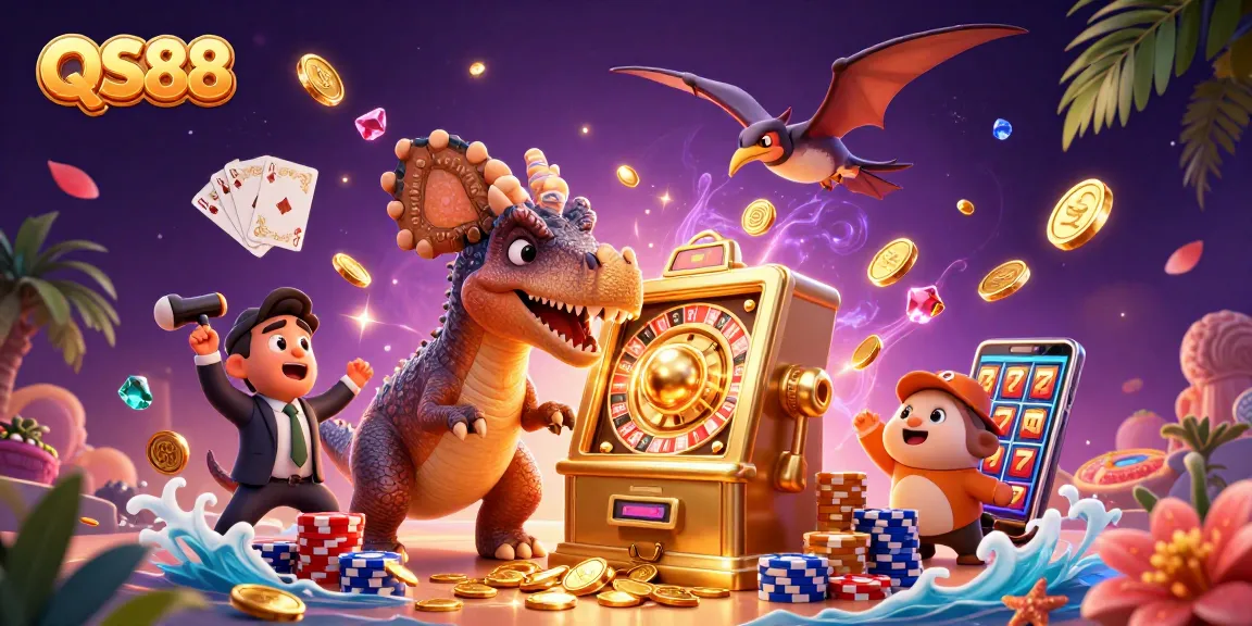 Experience QS88 as a pachycephalosaurus hits the jackpot at a golden slot machine amid cascading coins.