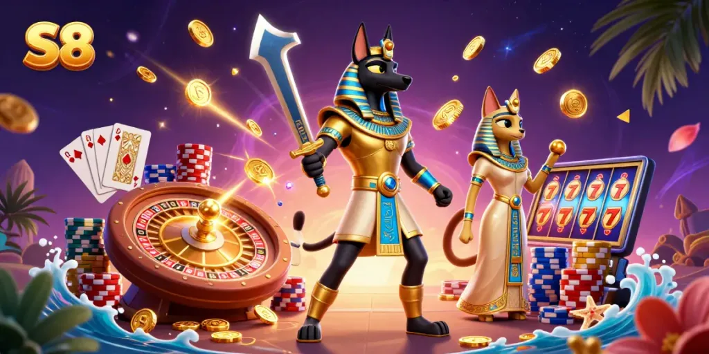 S8 Casino platform featuring Anubis warrior, sparkling gems, and roulette wheel in an engaging setting.
