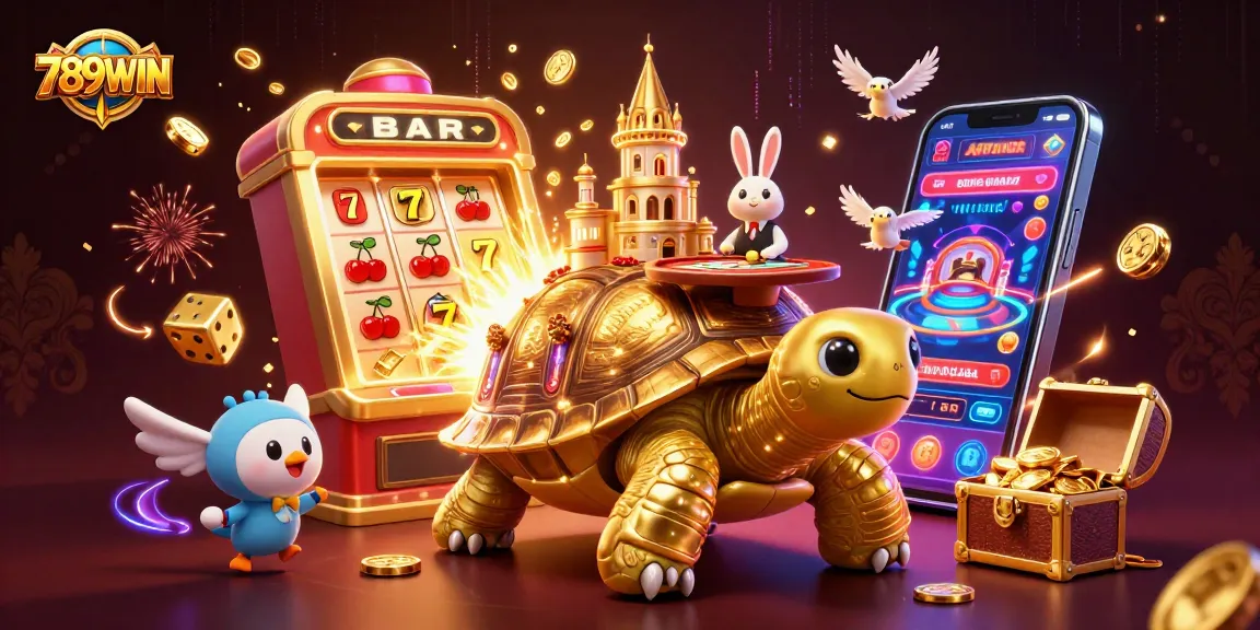 Experience the exciting world of gambling with 789WIN and dynamic casino elements in this vibrant illustration.