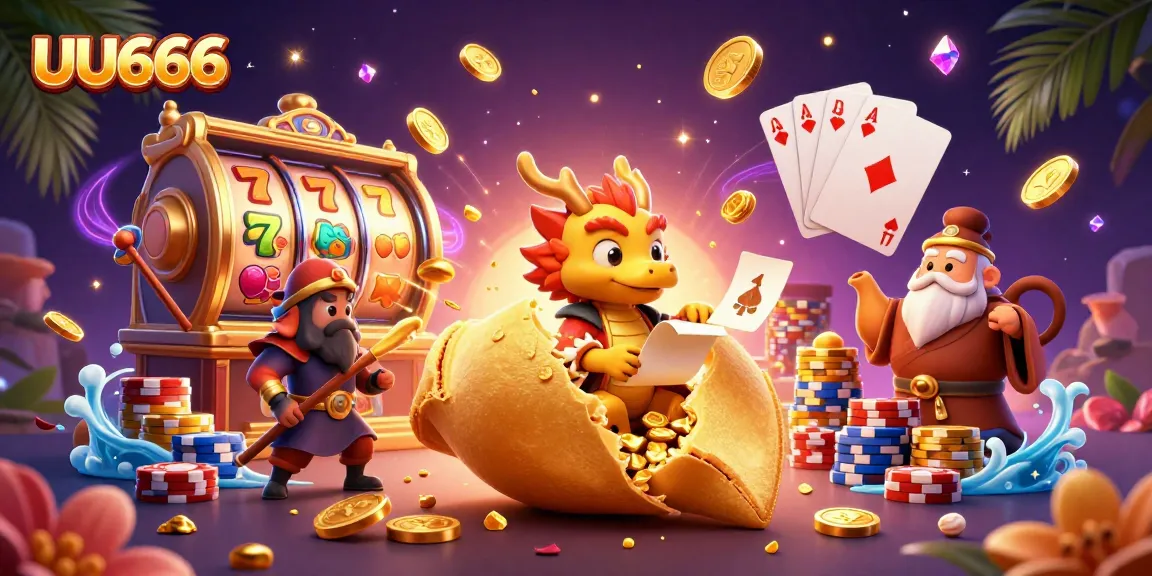 Experience UU666's exciting golden fortune cookie adventure in this vibrant casino illustration.