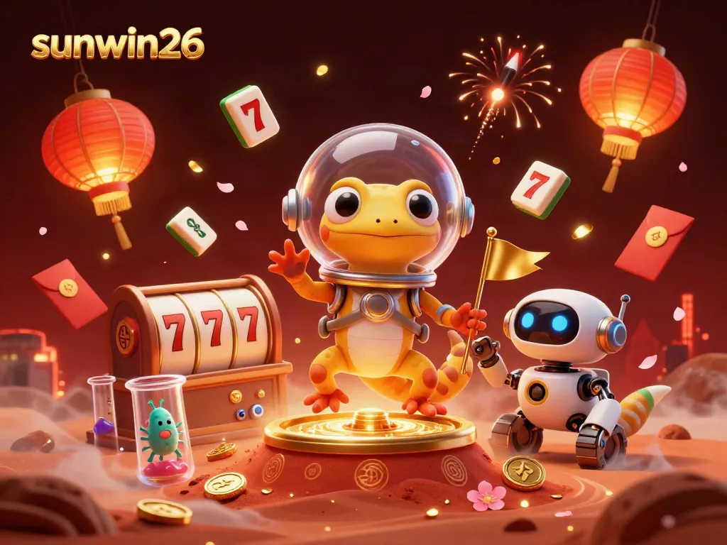 Engage with sunwin26's vibrant casino scene featuring a Martian gecko exploring a golden gaming paradise.