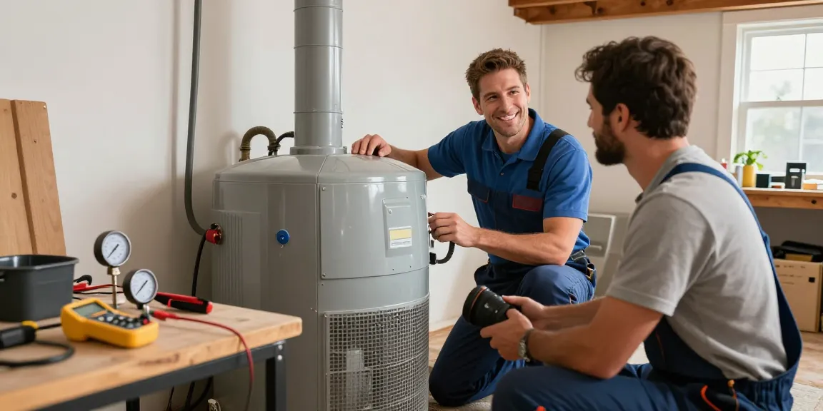 HVAC Stevens Point WI technician servicing furnace in local home, showcasing professional expertise and friendly service.