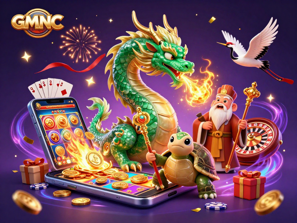 Experience GMNC's captivating casino world with a jade dragon and layered gaming excitement.