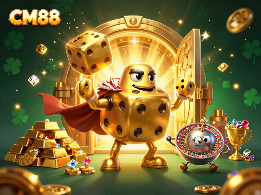 Experience CM88's vibrant gaming world with golden dice golems and treasure bursting from every corner.