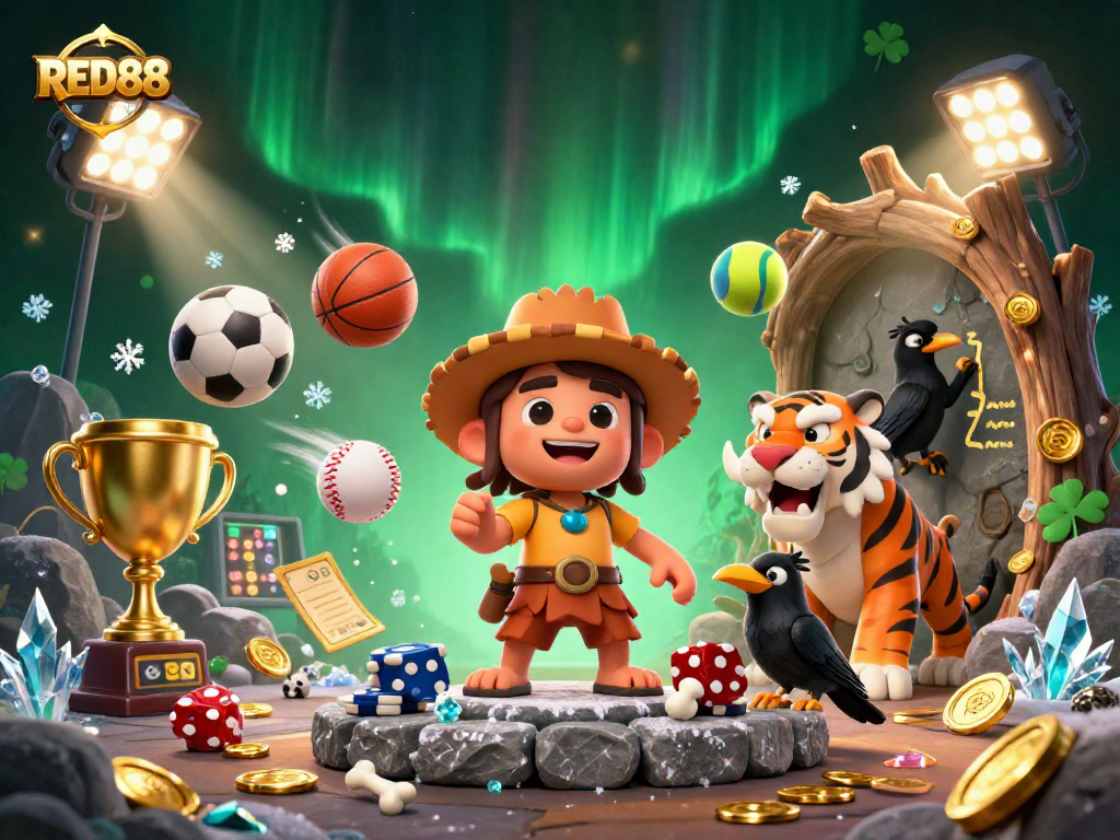 Experience thrilling gaming at RED88 with a vibrant prehistoric casino scene featuring unique characters and dynamic elements.